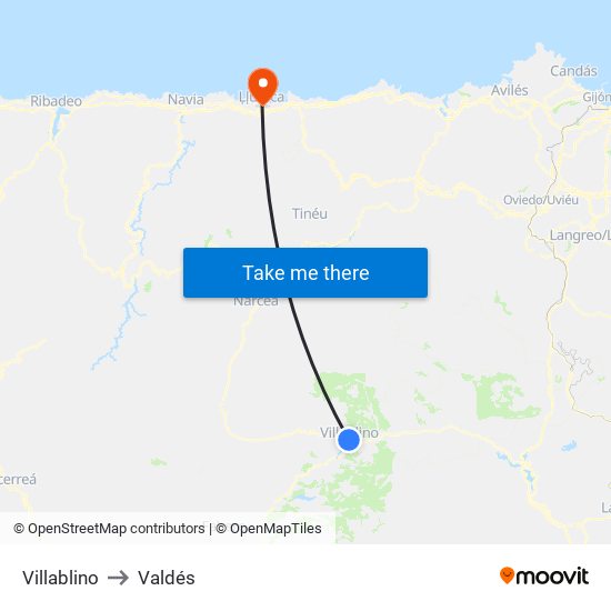 Villablino to Valdés map
