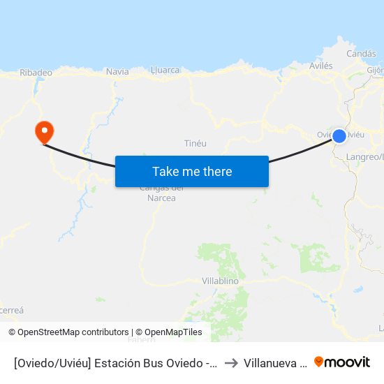 [Oviedo/Uviéu]  Estación Bus Oviedo - Pepe Cosmen [Cta 01549] to Villanueva De Oscos map