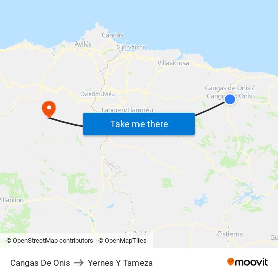 Cangas De Onís to Yernes Y Tameza map