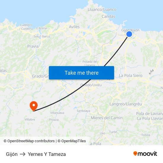 Gijón to Yernes Y Tameza map