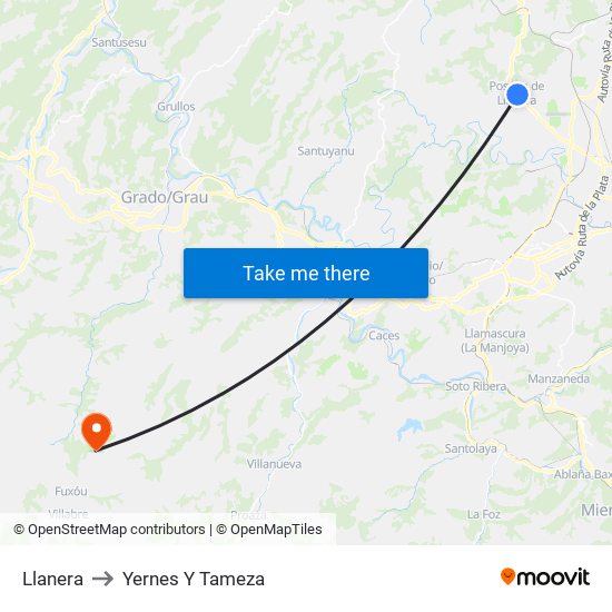 Llanera to Yernes Y Tameza map