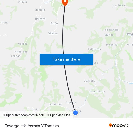 Teverga to Yernes Y Tameza map