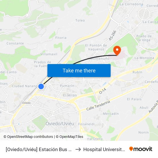 [Oviedo/Uviéu]  Estación Bus Oviedo - Pepe Cosmen [Cta 01549] to Hospital Universitario Central De Asturias map
