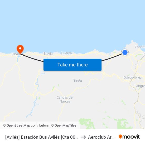 [Avilés]  Estación Bus Avilés [Cta 00161] to Aeroclub Arnao map