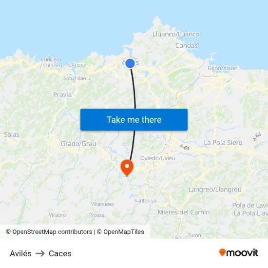 Avilés to Caces map