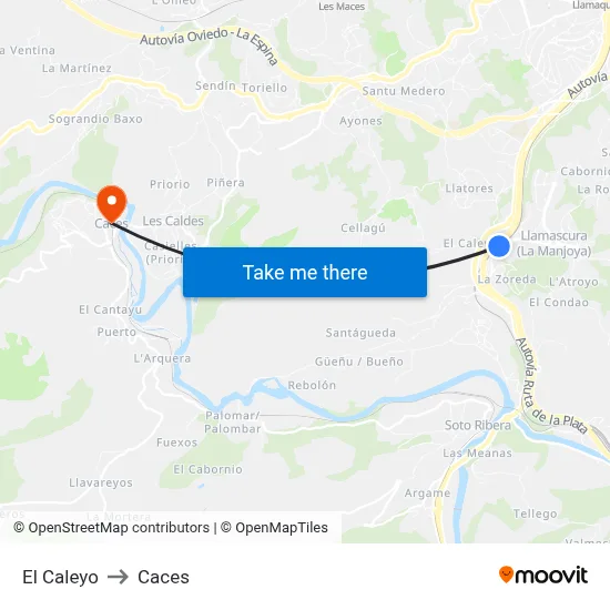 El Caleyo to Caces map