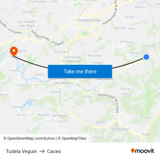 Tudela Veguín to Caces map