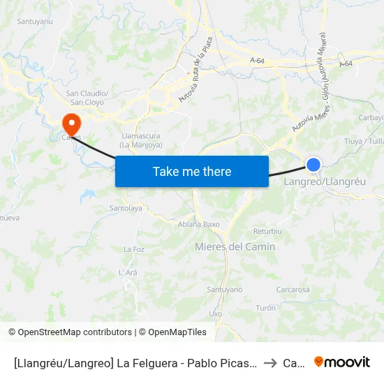 [Llangréu/Langreo]  La Felguera - Pablo Picasso [Cta 00413] to Caces map