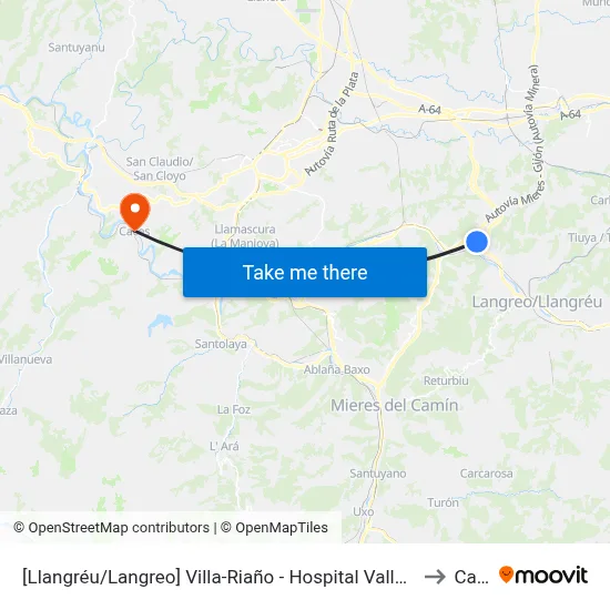 [Llangréu/Langreo]  Villa-Riaño - Hospital Valle Del Nalón [Cta 01251] to Caces map