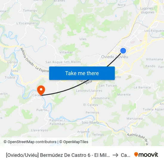 [Oviedo/Uviéu]  Bermúdez De Castro 6 - El Milán [Cta 02069] to Caces map