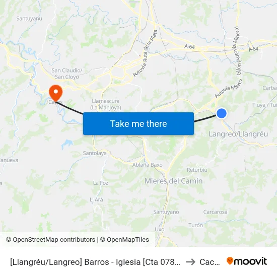 [Llangréu/Langreo]  Barros  - Iglesia [Cta 07896] to Caces map