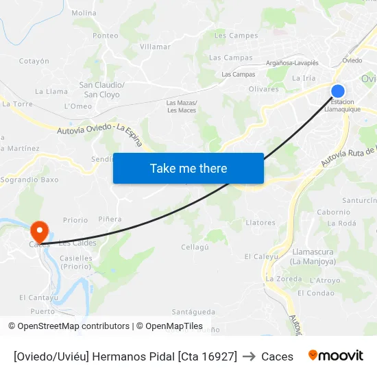 [Oviedo/Uviéu]  Hermanos Pidal [Cta 16927] to Caces map