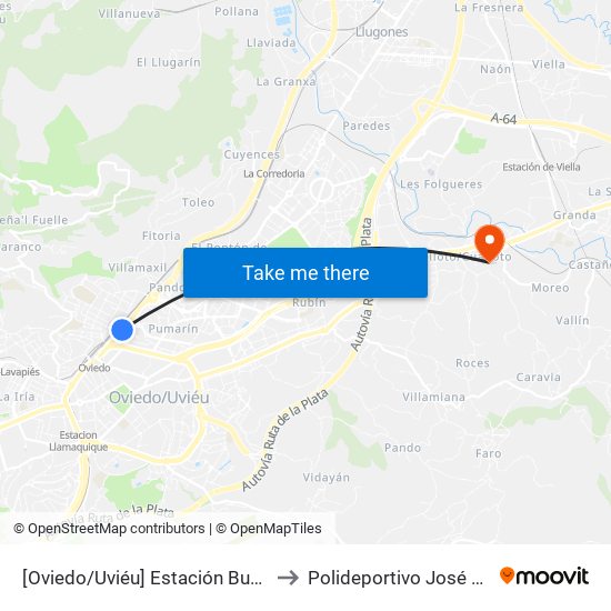 [Oviedo/Uviéu]  Estación Bus Oviedo - Pepe Cosmen [Cta 01549] to Polideportivo José Manuel Fuente ""El Tarangu"" map