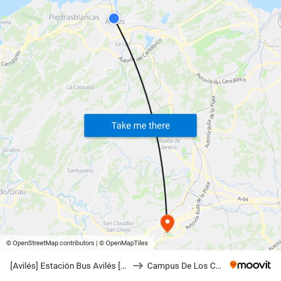 [Avilés]  Estación Bus Avilés [Cta 00161] to Campus De Los Catalanes map