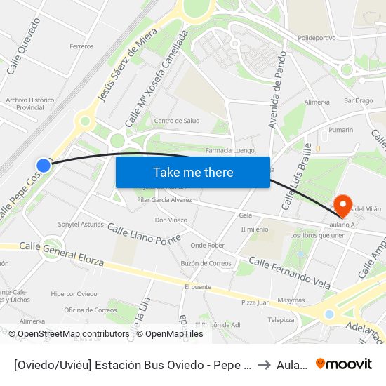 [Oviedo/Uviéu]  Estación Bus Oviedo - Pepe Cosmen [Cta 01549] to Aulario A map
