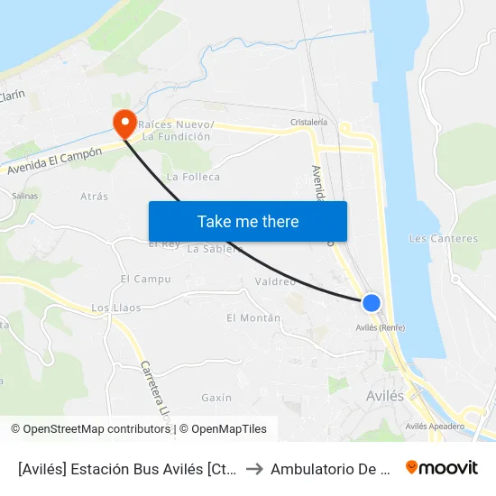 [Avilés]  Estación Bus Avilés [Cta 00161] to Ambulatorio De Raíces map
