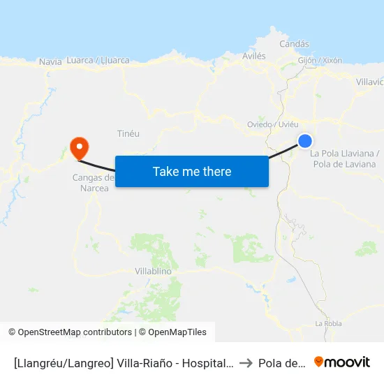 [Llangréu/Langreo]  Villa-Riaño - Hospital Valle Del Nalón [Cta 01296] to Pola de Allande map