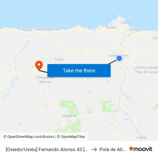 [Oviedo/Uviéu]  Fernando Alonso 43 [Cta 16859] to Pola de Allande map
