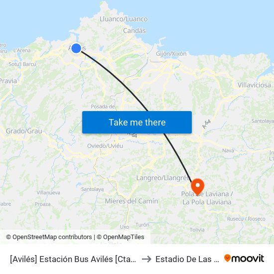 [Avilés]  Estación Bus Avilés [Cta 00161] to Estadio De Las Islas map
