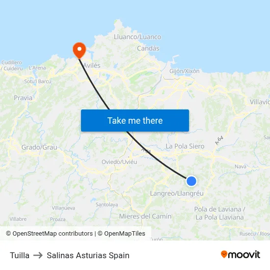 Tuilla to Salinas Asturias Spain map