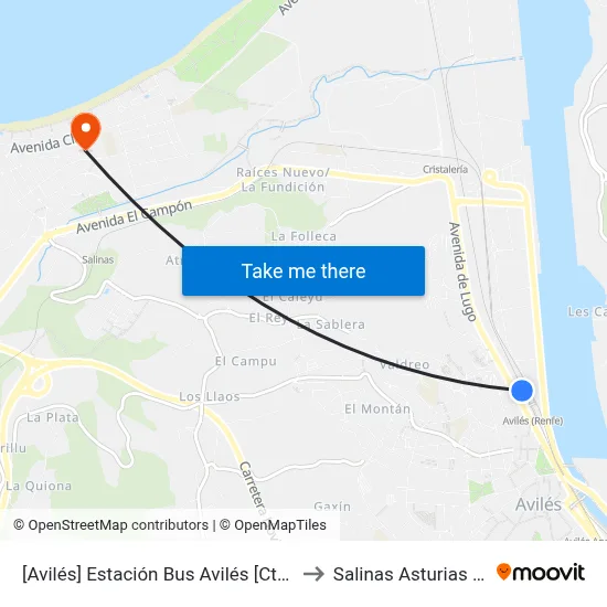 [Avilés]  Estación Bus Avilés [Cta 00161] to Salinas Asturias Spain map