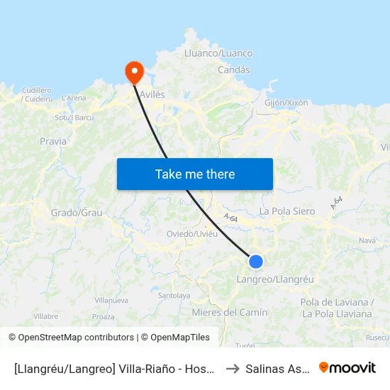 [Llangréu/Langreo]  Villa-Riaño - Hospital Valle Del Nalón [Cta 00399] to Salinas Asturias Spain map