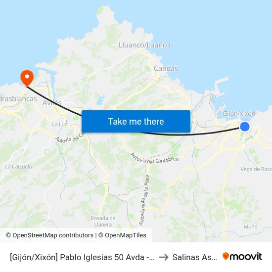 [Gijón/Xixón]  Pablo Iglesias 50 Avda - Sanatorio El Carmen [Cta 01558] to Salinas Asturias Spain map