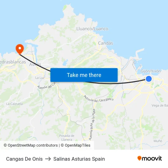 Cangas De Onís to Salinas Asturias Spain map