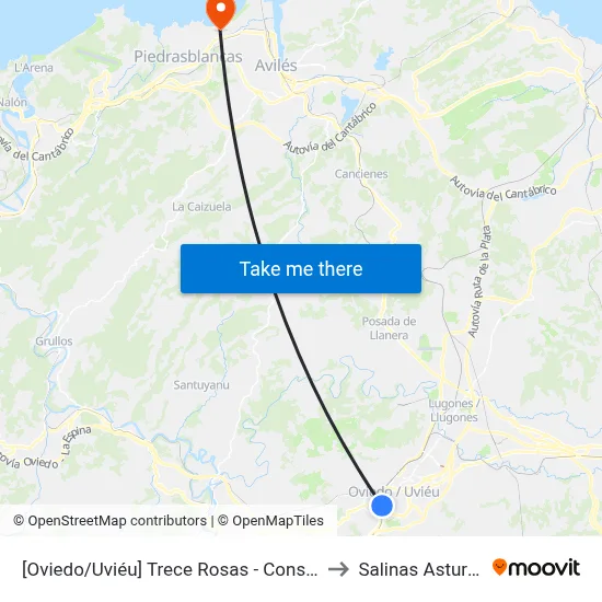 [Oviedo/Uviéu]  Trece Rosas - Consejerías [Cta 07420] to Salinas Asturias Spain map