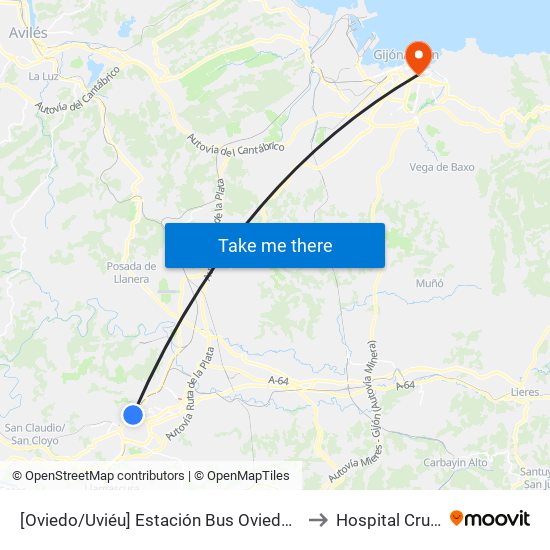 [Oviedo/Uviéu]  Estación Bus Oviedo - Pepe Cosmen [Cta 01549] to Hospital Cruz Roja Gijón map