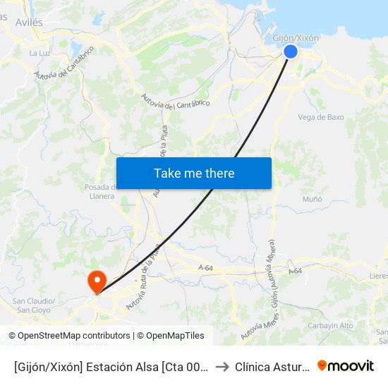 [Gijón/Xixón]  Estación Alsa [Cta 00784] to Clínica Asturias map