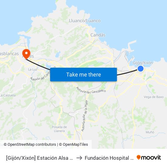 [Gijón/Xixón]  Estación Alsa [Cta 00784] to Fundación Hospital de Avilés map