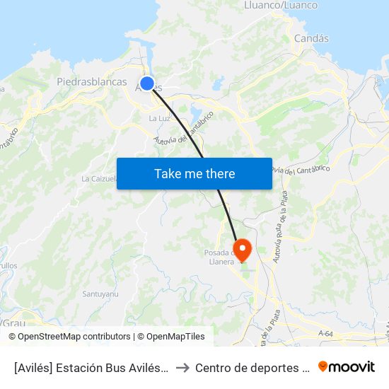[Avilés]  Estación Bus Avilés [Cta 00161] to Centro de deportes La Morgal map