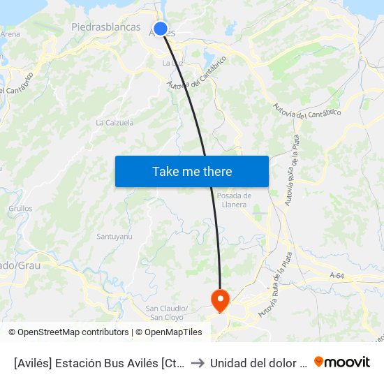 [Avilés]  Estación Bus Avilés [Cta 00161] to Unidad del dolor HUCA map
