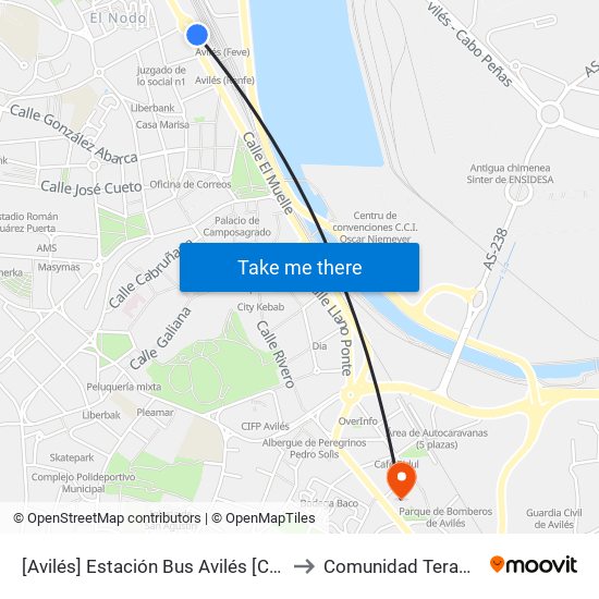 [Avilés]  Estación Bus Avilés [Cta 00161] to Comunidad Terapeutica map