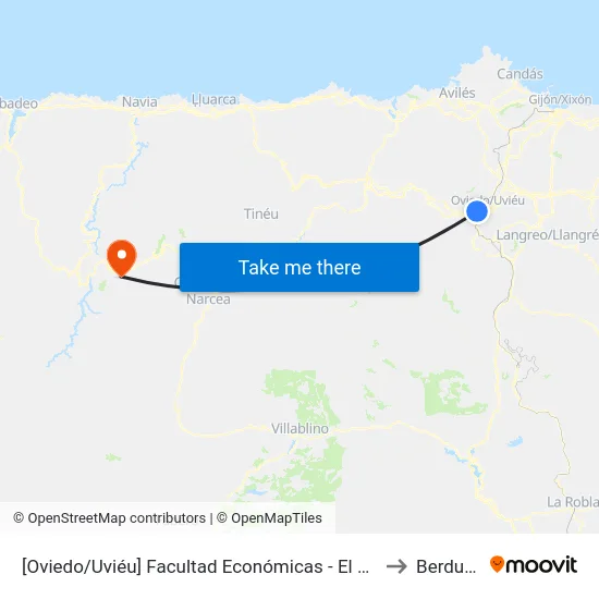 [Oviedo/Uviéu]  Facultad Económicas - El Cristo [Cta 03632] to Berducedo map