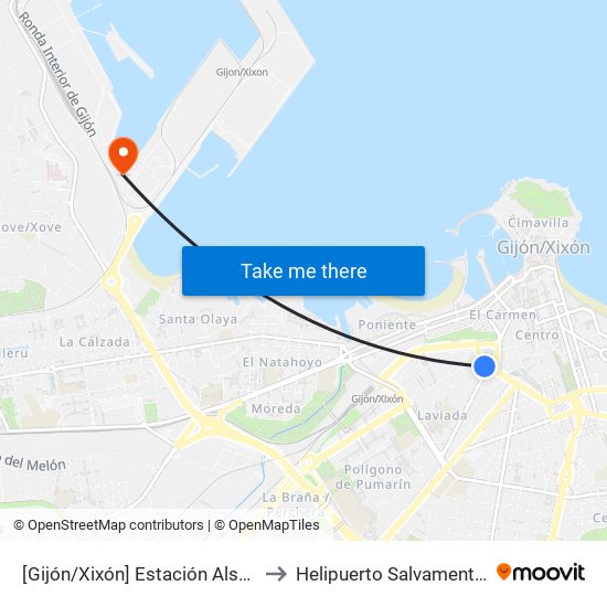[Gijón/Xixón]  Estación Alsa [Cta 00784] to Helipuerto Salvamento Maritimo map