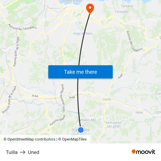 Tuilla to Uned map