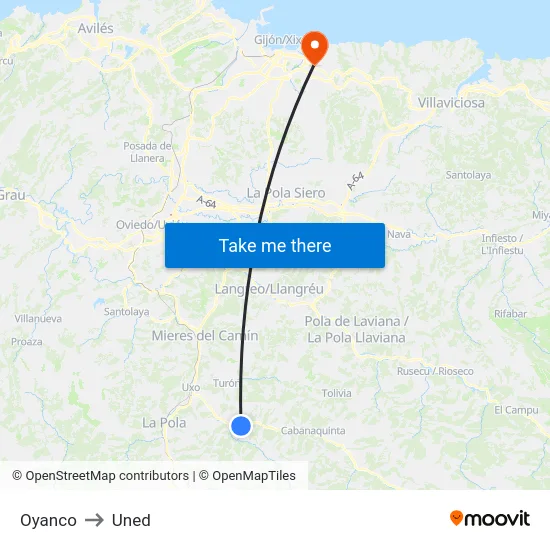 Oyanco to Uned map