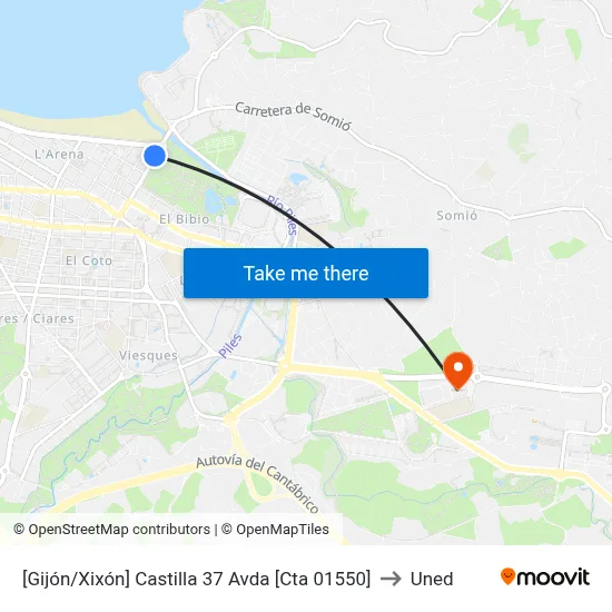 [Gijón/Xixón]  Castilla 37 Avda [Cta 01550] to Uned map