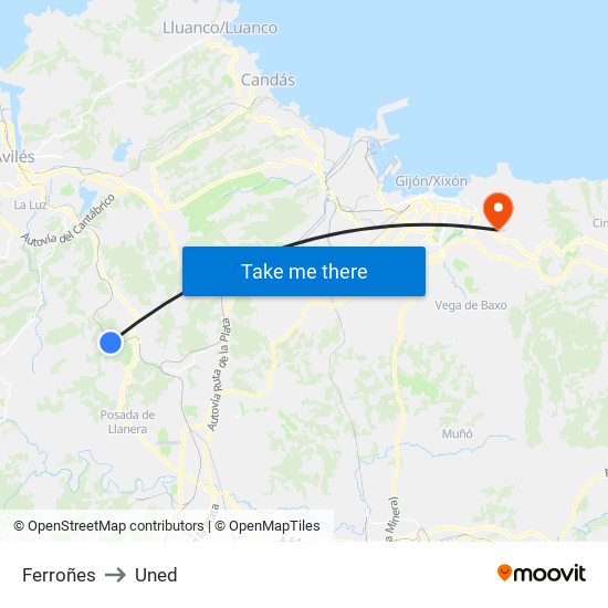 Ferroñes to Uned map