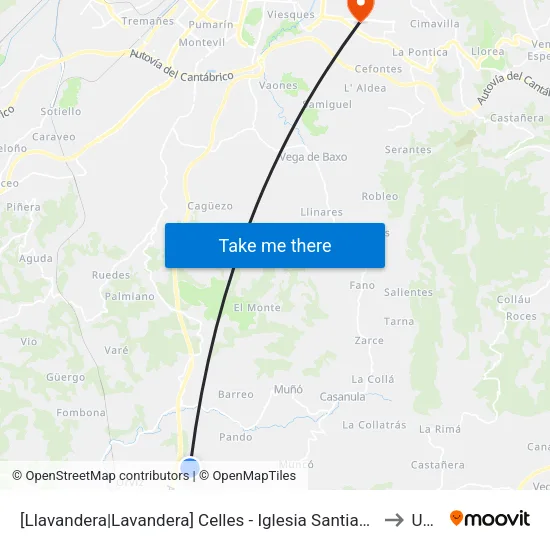 [Llavandera|Lavandera]  Celles - Iglesia Santianes [Cta 15701] to Uned map