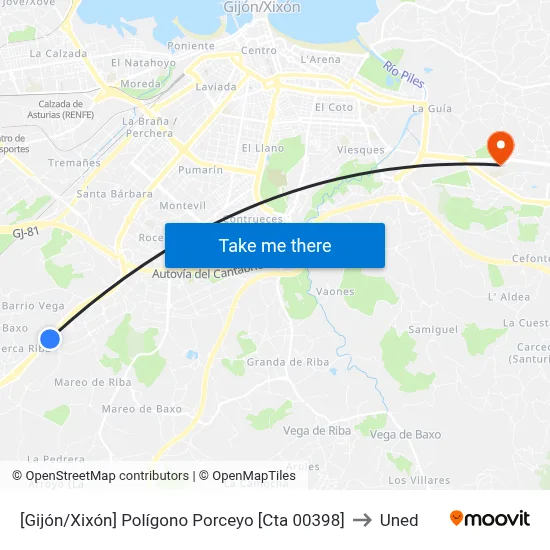 [Gijón/Xixón]  Polígono Porceyo [Cta 00398] to Uned map