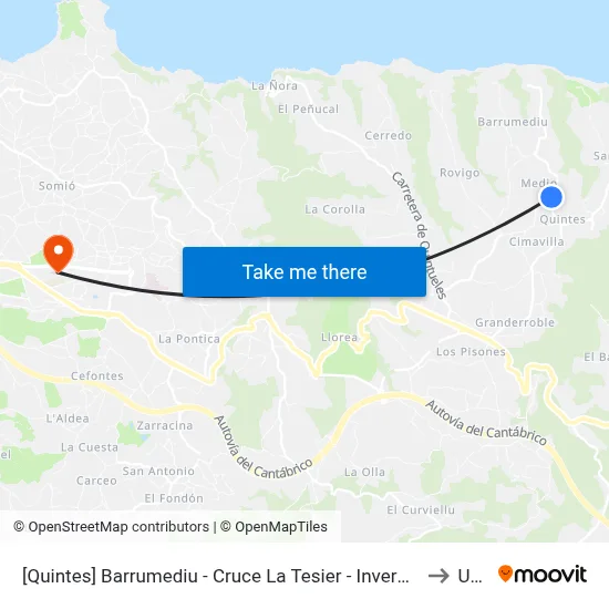 [Quintes]  Barrumediu - Cruce La Tesier - Invernaderos [Cta 00533] to Uned map