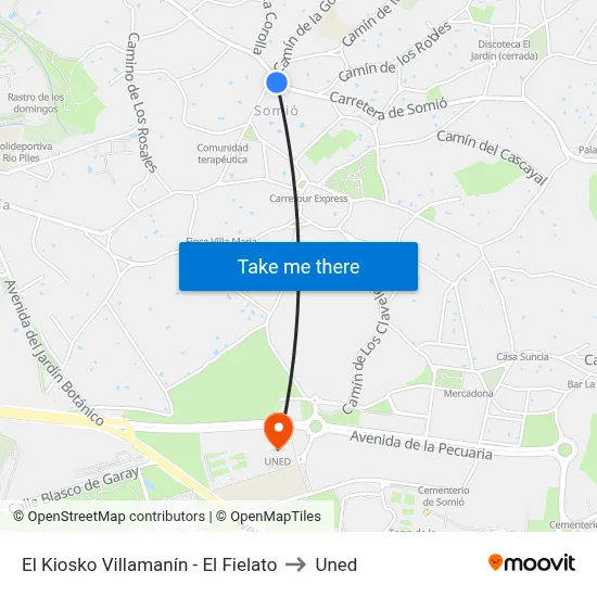 El Kiosko Villamanín - El Fielato to Uned map
