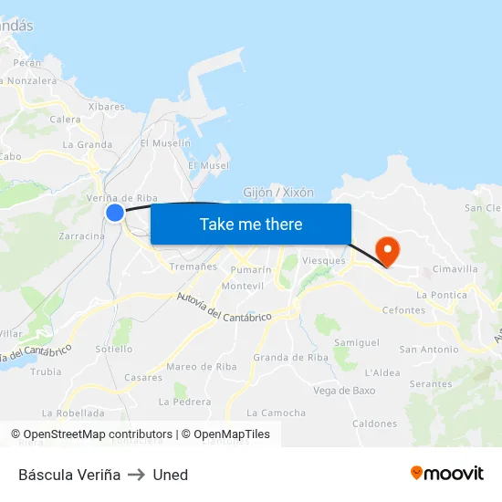 Báscula Veriña to Uned map