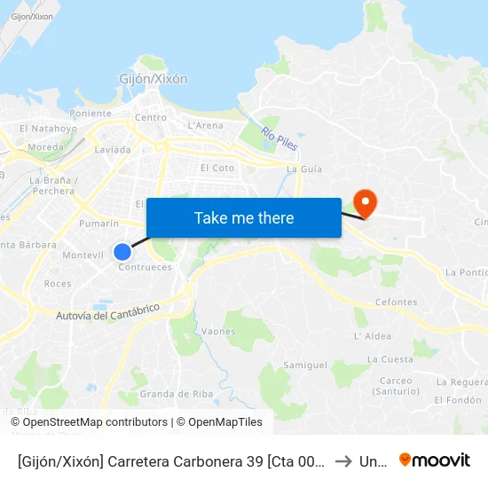 [Gijón/Xixón]  Carretera Carbonera 39 [Cta 00789] to Uned map