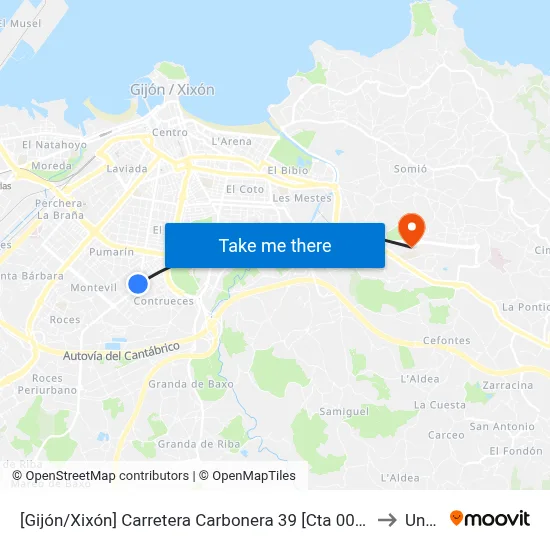 [Gijón/Xixón]  Carretera Carbonera 39 [Cta 00789] to Uned map