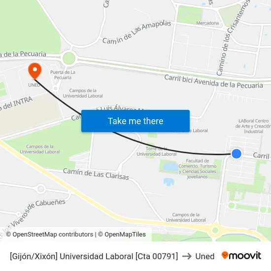 [Gijón/Xixón]  Universidad Laboral [Cta 00791] to Uned map