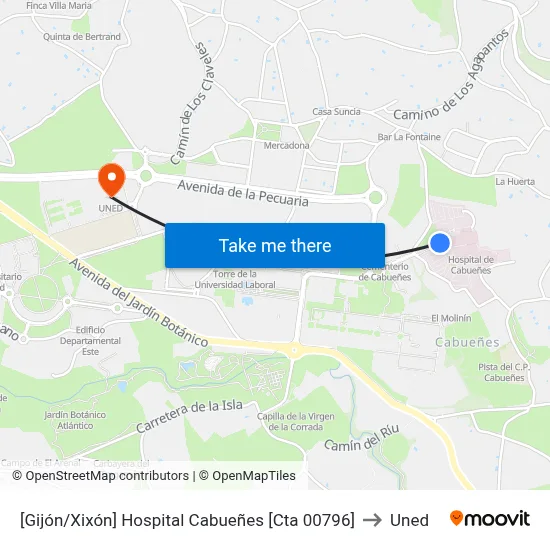 [Gijón/Xixón]  Hospital Cabueñes [Cta 00796] to Uned map